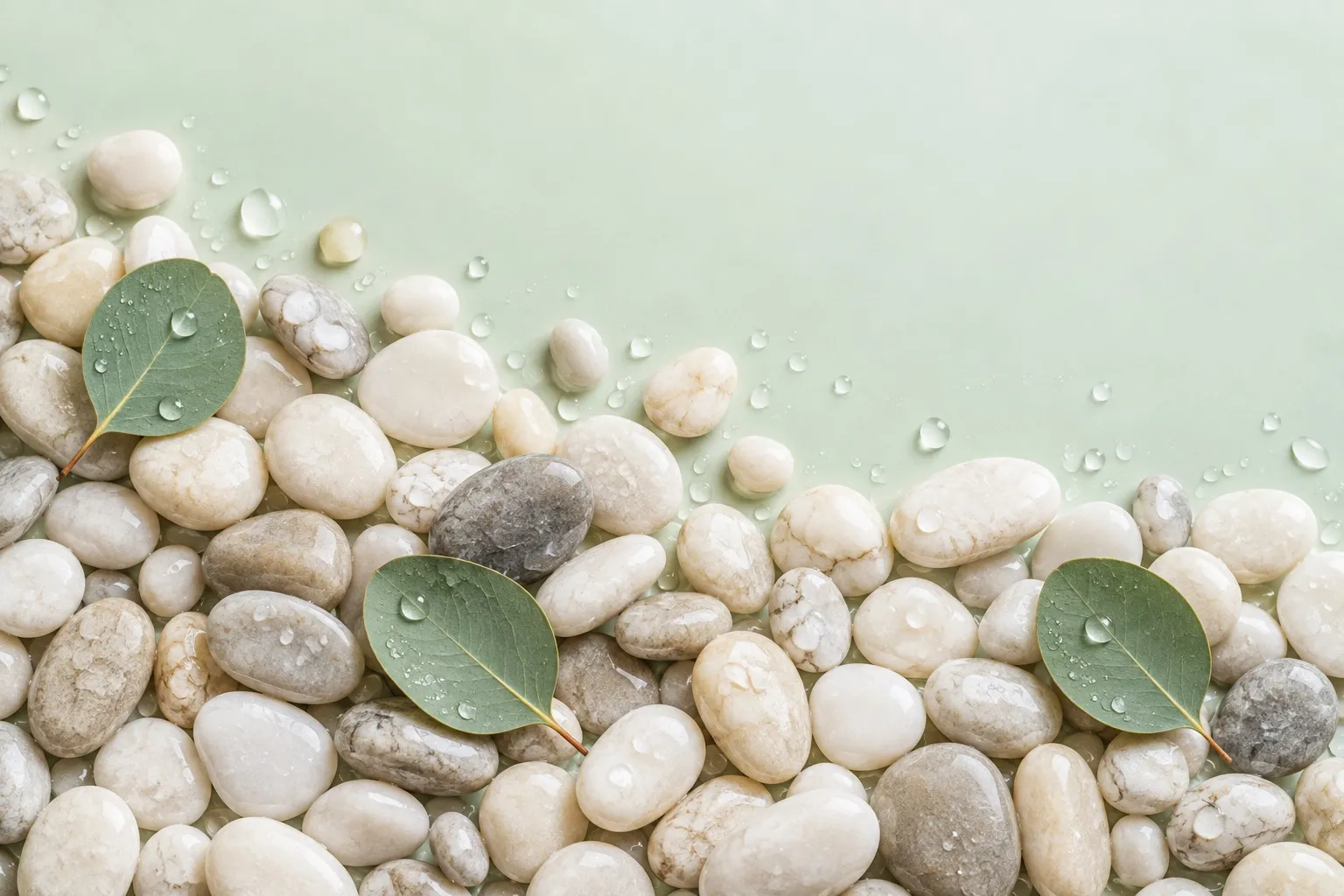 Wet white and grey pebbles with eucalyptus leaves on a pale mint surface